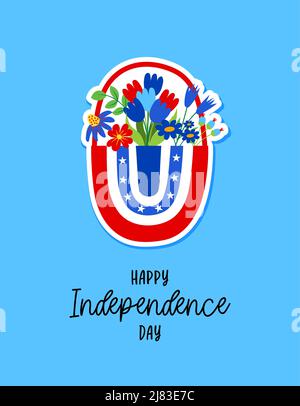 Happy Independence Day - International Juli 4. Tag Grußkarte. Kalligraphie handgeschriebene Phrase und handgezeichnete Blumen. Handgemachte Kalligraphie illustre Stock Vektor