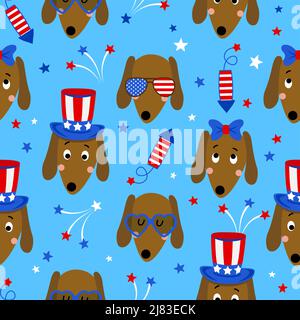 Dackel Hunde und Feuerwerk Muster Design in USA Farben - lustige Zeichnung nahtlose Muster. Tapete, Geschenkpapier. Alles Gute Zum Unabhängigkeitstag. Rot, wh Stock Vektor