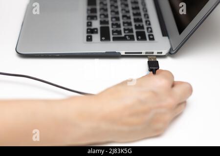 Die Buchse führt das Kabel in den Laptop-Anschluss ein. Hochwertige Fotos Stockfoto