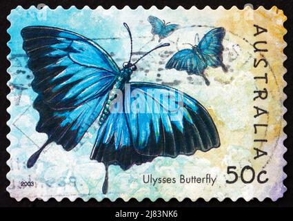 AUSTRALIEN - UM 2003: Eine in Australien gedruckte Briefmarke zeigt Ulysses Butterfly, Papilio Ulysses, Insect, um 2003 Stockfoto