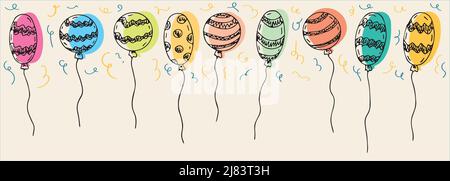 Banner od Hand gezeichnet niedlichen Ballons auf Hintergrund isoliert. Vorlage für Postkarte, Banner, Poster, Webdesign. Doodle Cartoon Vektorgrafik. Stock Vektor