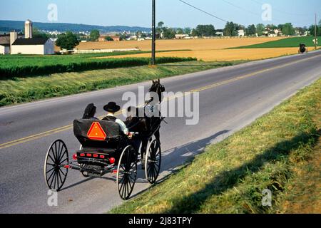 1990S AMISH KUTSCHE AUF DEM HIGHWAY LANCASTER COUNTY PENNSYLVANIA USA - KR107259 NET002 HARS HIGHWAY LADIES COUNTY PERSONS LANDSCHAFTLICH SCHÖNER AUSSCHNITT MÄNNER CHRISTIAN SPIRITUALITÄT TRANSPORT LANDWIRTSCHAFT FREIHEIT WAGEN SÄUGETIERE KOPF UND SCHULTERN HOCH WINKEL RELIGIÖS SELTSAM LANCASTER VERSCHIEDENE KULTUR RELIGIÖSE SEKTE ENTLANG CHRISTENTUM PA NORDOST REISE USA REGION MITTELATLANTIK COMMONWEALTH MITTELATLANTIK REGION OSTKÜSTE KULTUR KEYSTONE STATE MOBILITÄT EBENE TRANSPORTE UNGEWÖHNLICH WAGGONS EQUINE EINFACHE MENSCHEN COMMONWEALTHS GLAUBEN SÄUGETIER SEKTE SPIRITUELLEN GLAUBEN BUGGYS AUTOBAHNEN INSPIRIEREND Stockfoto