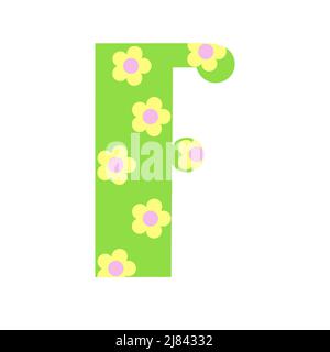 Capital leuchtend grün mit Frühlingsblumen von Hand gezeichneten Buchstaben F des englischen Alphabets einfache Cartoon-Stil Vektor-Illustration, kalligraphische abc, nette lustige Handschrift, Doodle und Schriftzug dekoriert Stock Vektor