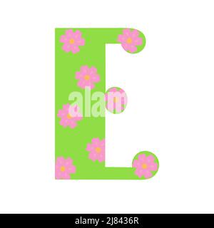 Capital leuchtend grün mit Frühlingsblumen von Hand gezeichneten Buchstaben E des englischen Alphabets einfache Cartoon-Stil Vektor-Illustration, kalligraphische abc, nette lustige Handschrift, Doodle und Schriftzug dekoriert Stock Vektor