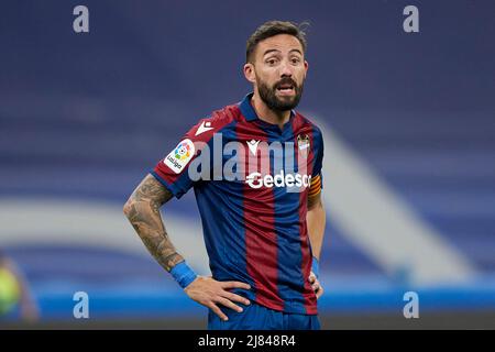 Jose Luis Morales von Levante UD in Vollzeit während des La Liga-Spiels zwischen Real Madrid und Levante UD spielte im Santiago Bernabeu Stadium in Madrid, Spanien. 12. Mai 2022 (Foto: Ruben Albarran / PRESSINPHOTO) Stockfoto