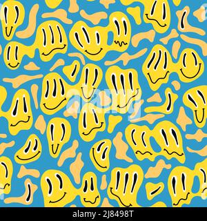 Lustige 70s geschmolzene tripy Smileys nahtloses Muster. Retro groovy Hippie glücklich lächelt Emotionen. Schmelzende Charaktere mit seltsamen Augen. Stock Vektor