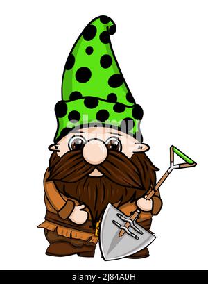 Handgezeichnete Gnome auf weißem Hintergrund. Es gibt zehn Zwerge, die sich nicht wiederholen, jeder hat seinen eigenen Stil und sein eigenes Geschäft. Stockfoto