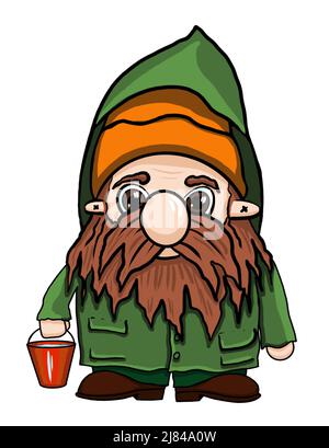 Handgezeichnete Gnome auf weißem Hintergrund. Es gibt zehn Zwerge, die sich nicht wiederholen, jeder hat seinen eigenen Stil und sein eigenes Geschäft. Stockfoto