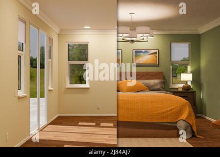 Seite an Seite vor und nach dem leeren Raum und voll möbliertem Zimmer. Stockfoto