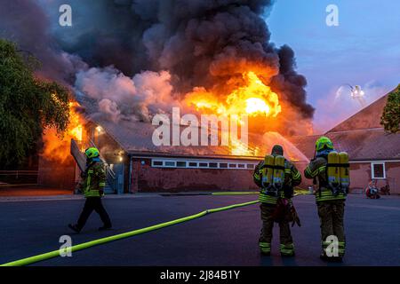 Hannover, Deutschland. 12.. Mai 2022. Eine Turnhalle der Schillerschule im Stadtteil Kleefeld ist in Flammen. Großalarm für die Feuerwehr Hannover: Aus noch ungeklärter Ursache ist in zwei Turnhallen einer Schule im Landkreis Kleefeld ein Brand ausgebrochen. Es gab zunächst keine Hinweise auf Verletzte. Quelle: Moritz Frankenberg/dpa/Alamy Live News Stockfoto