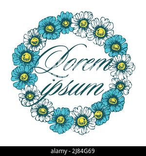 Schöner Kamillenkranz auf weißem Hintergrund mit Platz für Ihren Text. Karte für Frühling, Sommer, Einladung, Hochzeit Designs. Stock Vektor