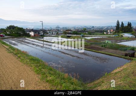 iida, nagano, japan, 2022/12/05 , Reisfelder in iida Nagano, im Frühling, während der Überflutung der Felder, so dass sie wie ein Spiegel aussehen. Stockfoto