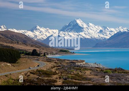 Autobahn in Richtung Mt. Cook National Park, Südinsel Neuseeland Stockfoto