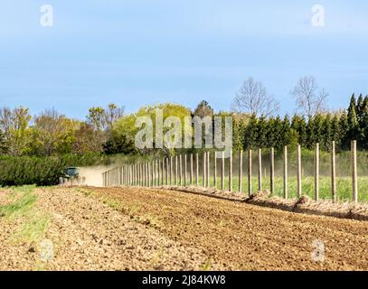 Große grüne john deere pflügt ein staubiges Feld in Wainscott Stockfoto