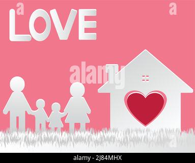 Papier geschnitten Vektor.Happy Familie zu Hause Mama und Papa stehen Hand schütteln mit Jungen und Mädchen. Das Haus mit dem Herzen mit love.Love Brief, Vektor illustrr Stock Vektor