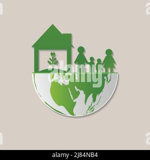 Ökologie Familie retten die Welt concept.Green Home helfen Sie der Welt mit einer umweltfreundlichen Idee Stock Vektor