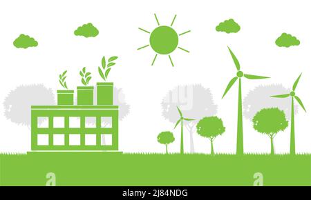 Fabrikökologie, Industrie-Ikone, Windkraftanlagen mit Bäumen und Sonne saubere Energie mit umweltfreundlichen Konzept Ideen.Vektor-Illustration Stock Vektor