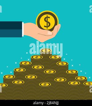 Dollar-Münze Konzept Hand halten erhalten Münzen von Hand. Setzen Sie Geld Treppe, Vektor-Illustration Stock Vektor
