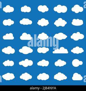 Wolkenvektor-Symbol Weiß auf blauem Hintergrund einstellen. Sky Flat Illustration Kollektion für Web, Vector llustration Stock Vektor
