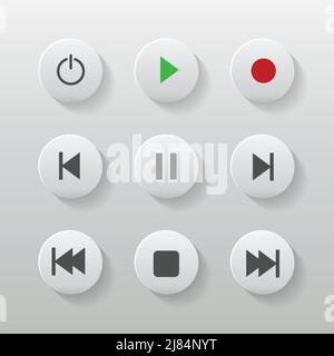Symbol Symbol Set Media Player Control weiße runde Tasten, Vektordarstellung Stock Vektor