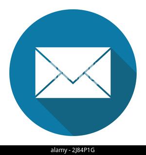 Mail-Symbol mit langem Schatten schwarz auf weißem Hintergrund, einfacher Designstil, Vektorgrafik Stock Vektor