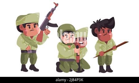 Indonesischer Unabhängigkeitskriegssoldat in Militäruniform Kinder in Veteran mit Pistole Illustration Zeichnung Stock Vektor