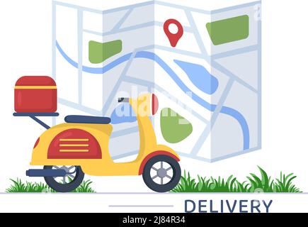 Food Delivery Service App auf einem Tracking-Smartphone, um fertige Mahlzeiten zu bestellen und mit dem Roller zu Ihnen nach Hause geliefert in flacher Cartoon-Illustration Stock Vektor