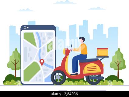 Food Delivery Service App auf einem Tracking-Smartphone, um fertige Mahlzeiten zu bestellen und mit dem Roller zu Ihnen nach Hause geliefert in flacher Cartoon-Illustration Stock Vektor