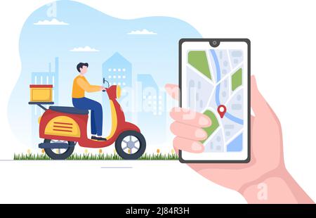 Food Delivery Service App auf einem Tracking-Smartphone, um fertige Mahlzeiten zu bestellen und mit dem Roller zu Ihnen nach Hause geliefert in flacher Cartoon-Illustration Stock Vektor