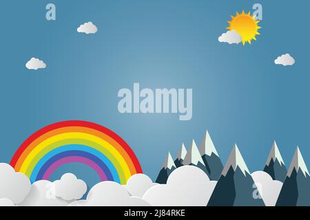 Berge mit schönen Sonnenuntergängen über den Wolken.Papierkunst, Vektor-Illustration Stock Vektor