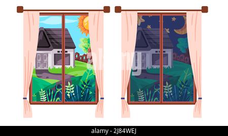 Nacht und Tag aus einem Fenster sonnig hell vs dunkel kein heller Himmel Illustration Stock Vektor