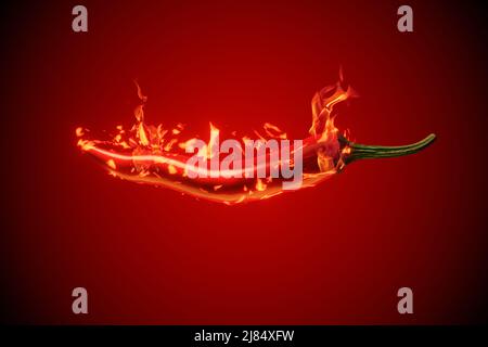 Rote Chilischote mit Feuer vor einem roten Hintergrund, 3D Rendering Stockfoto