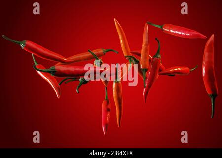Viele rote Chilischoten vor rotem Hintergrund, würziges Essen, Zutaten Konzept, 3D Rendering Stockfoto