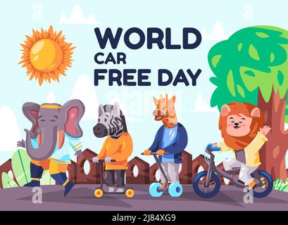 World Auto kostenlosen Tag Poster für Kinder Tier Reiten Fahrrad Elefant Zebra Giraffe und Löwe in Spaß glänzenden Tag Stock Vektor
