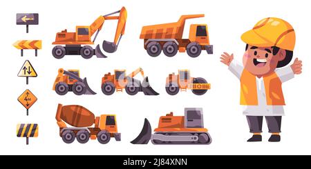 Beruf Junge Cartoon Bulldozer Lader Schaufel Baumeister Bergbau Fahrzeug LKW set Ausgrabung Illustration gelb Spielzeug Stock Vektor