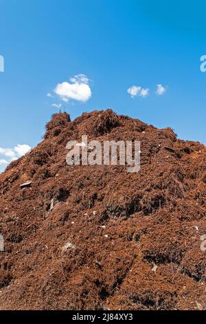 Großer Haufen Metallspäne gegen den blauen Himmel. Stockfoto