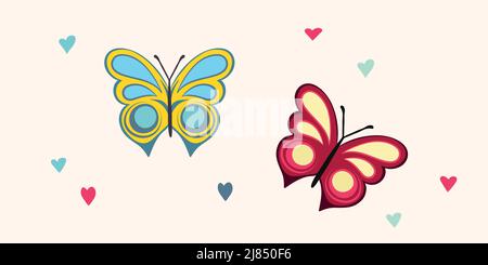 Lustige bunte Schmetterling. Flacher Vektor-Satz von detailreichen Schmetterlingen. Niedliche Charaktere. Karte, Postkarten für Kinder. Symbol „Silhouette“ Stock Vektor