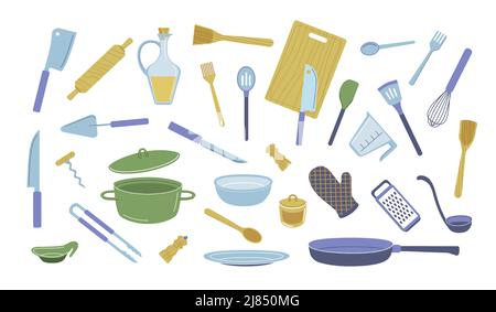 Cartoon Küchengeschirr Set. Vector Küchengeräte Werkzeuge und Ausrüstung, Cartoon-Kochgerät. Vector Kochgeschirr isoliertes Set Stock Vektor