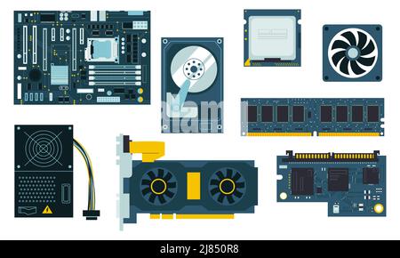 PC-Komponenten. CPU GPU Mainboard Kühler, SSD und handgezeichnete Speichermodule, Systemeinheit und Netzteil. Vector Personal Computer Teile isoliert Stock Vektor