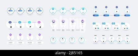 Infografik zu Schritten. 4 Elements Flussdiagramm Geschäftsvorlage, quadratisches und rundes Zeitachsendiagramm-Grafikbanner. Vector modernes Präsentationsmockup Stock Vektor