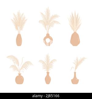 Trockenes Pampagras in Vasen. Set von cortaderia Arrangements im Boho-Stil. Vektor getrocknete Blumen isoliert auf weißem Hintergrund. Trendiges Element-Design für Stock Vektor