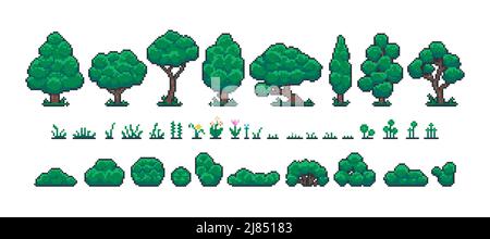 Pixelgesamtstruktur festgelegt. Retro 8 Bit Videospiel UI Elemente, Bäume Büsche und Gras Sprite Asset, Hintergrund Landschaft Objekte. Vektor-isolierte Sammlung Stock Vektor