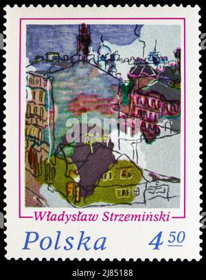 MOSKAU, RUSSLAND - 10. APRIL 2022: Die in Polen gedruckte Briefmarke zeigt Lodz, von Wladyslaw Strzeminski, 12. Polnische Philatelie-Ausstellung, Lodz 75 seri Stockfoto