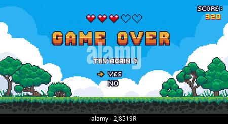 Spiel im Hintergrund. Retro Pixel 8 Bit Video-Spiel-Bildschirm mit Score-Informationen, Arcade-Landschaft. Vector alten klassischen Spiel Bildschirm Konzept Stock Vektor