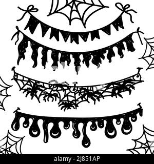 Halloween Party Fahne Streamer Set. Handgezeichnete Fahnen im Doodle-Stil in Schwarz. Zerrissene Stoffstücke, Spinnweben und Stippllobs. Elemente für Graphis Stock Vektor