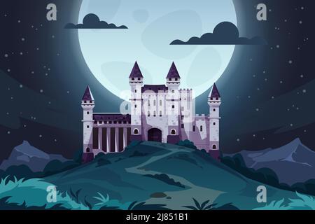 Abendliche Cartoon-Burg. Mittelalterliche Märchenfestung bei Nacht, magische Landschaft mit königlichem Palast. Vector Königreich Hauptstadt Szene Stock Vektor