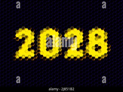 Zeichen des 2028 Jahres mit Hex-Pixel-Raster. Jahreszahl oder Ziffern für Feiertagskarte oder Kalender. Stock Vektor