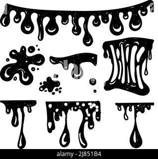 Schleimsatz. Schleimrahmen, bemalte Elemente im Doodle-Stil. Schwarze Schleimspritzer, dehnender Schleim, giftig tropfender Schleim. Schleimspritzer und Tröpfchen, l Stock Vektor