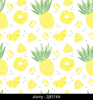Nahtloses Ananasmuster, gezeichnete Doodle-Elemente im Sketch-Stil. Ganze Ananas, Teile, Blätter, Scheiben, Kern, Safttropfen. Vektorgrafik, iso Stock Vektor