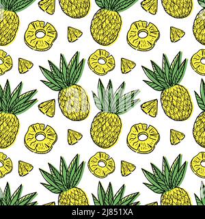Ein nahtloses Muster aus Ananas, Fruchtfleisch und Früchten, handgezeichnet mit Doodle-Elementen. Exotische Früchte. Gelbe Ananas. Vektorgrafik Stock Vektor